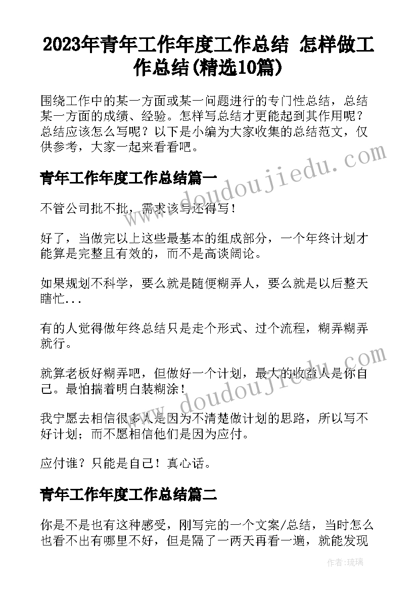 2023年青年工作年度工作总结 怎样做工作总结(精选10篇)