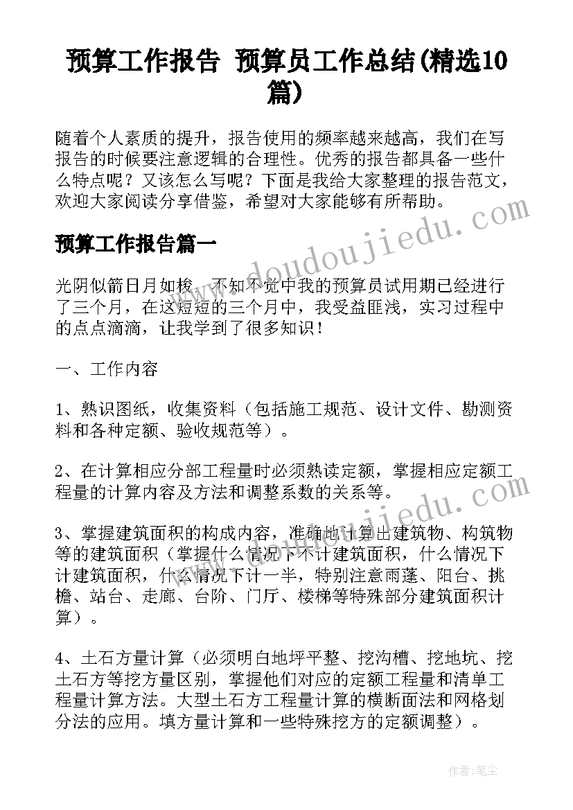 预算工作报告 预算员工作总结(精选10篇)