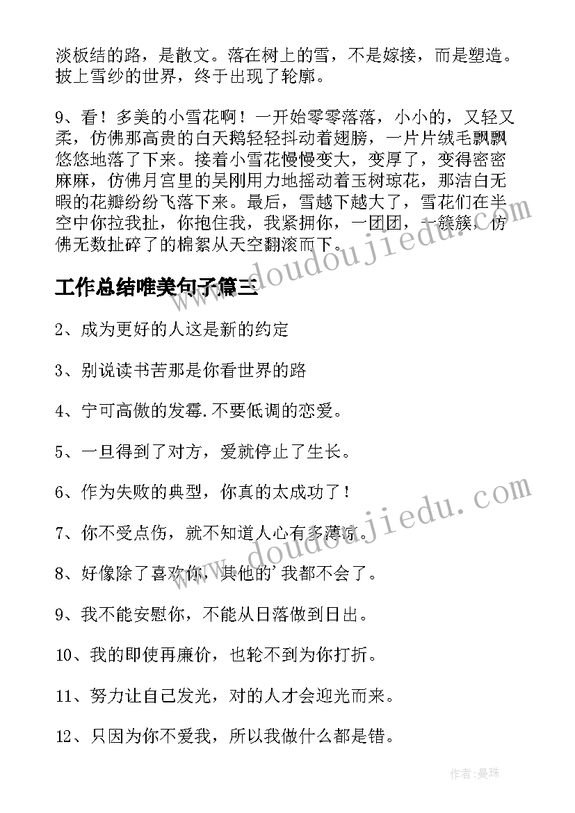 2023年工作总结唯美句子 下雪可爱文案(模板9篇)