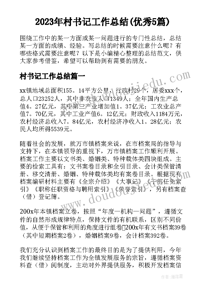 2023年村书记工作总结(优秀5篇)