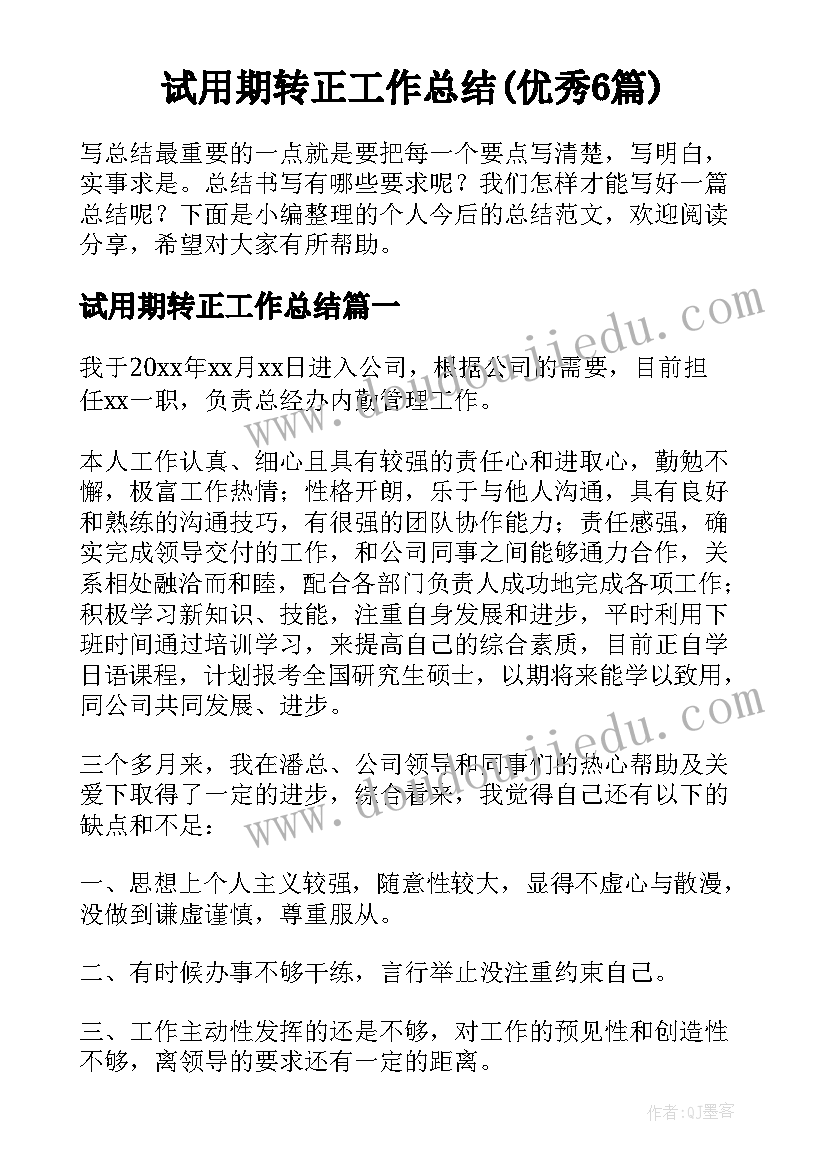 试用期转正工作总结(优秀6篇)