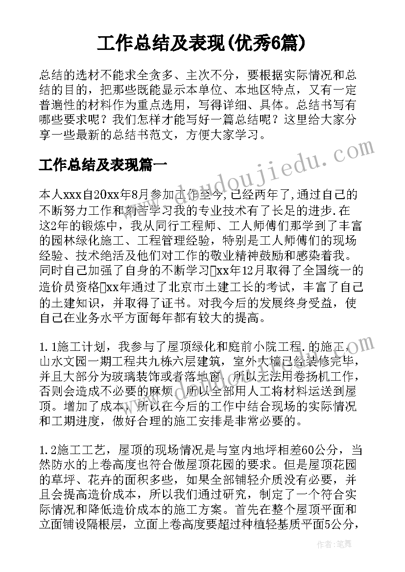 工作总结及表现(优秀6篇)