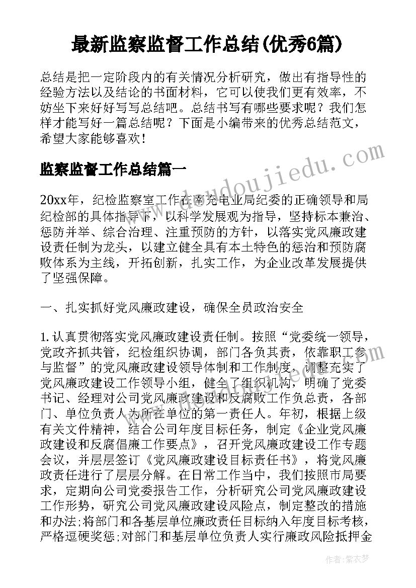 最新监察监督工作总结(优秀6篇)