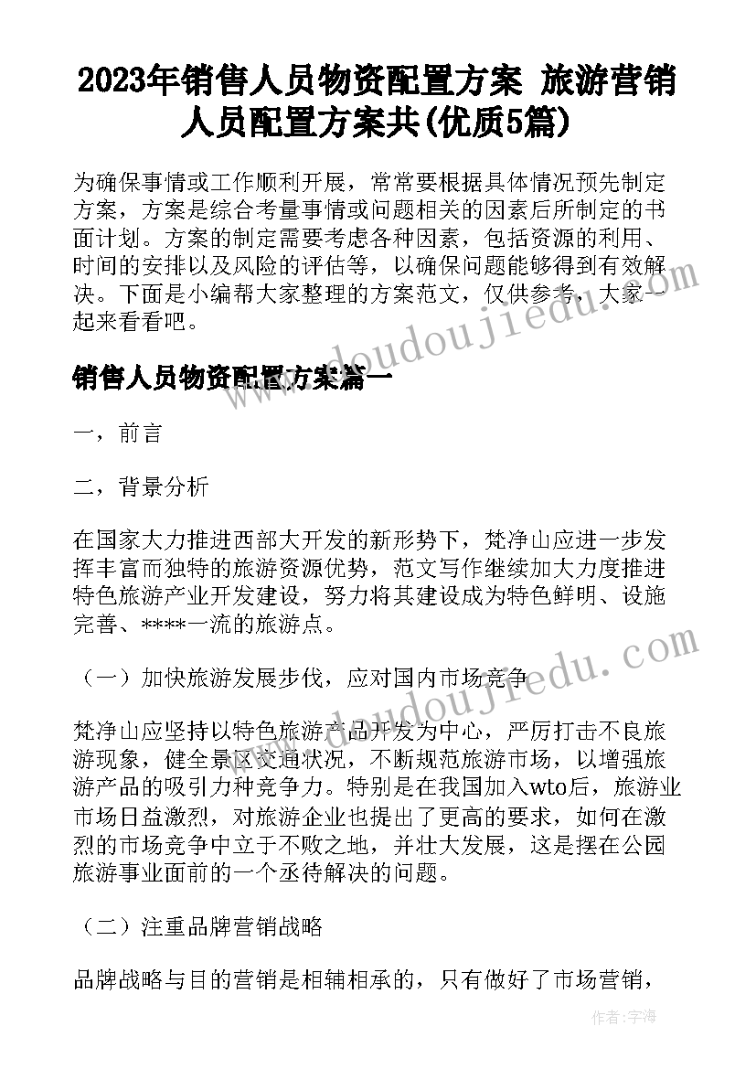 2023年销售人员物资配置方案 旅游营销人员配置方案共(优质5篇)