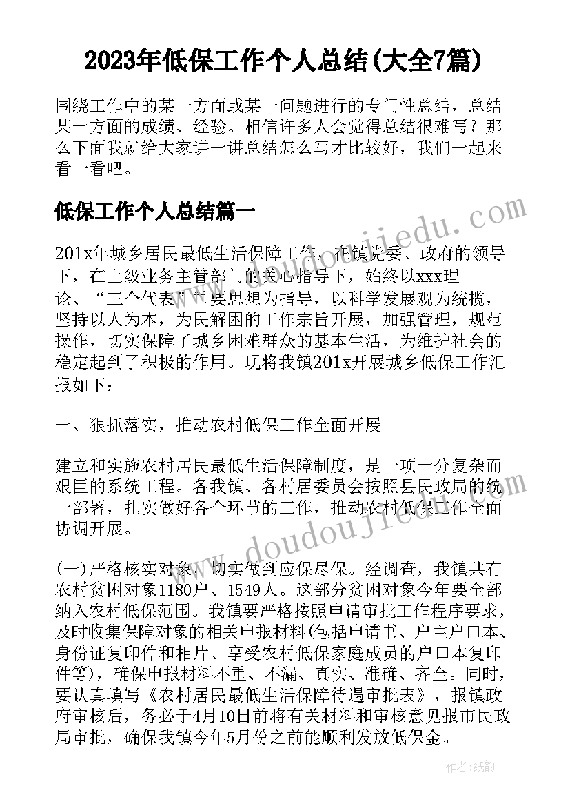 2023年低保工作个人总结(大全7篇)