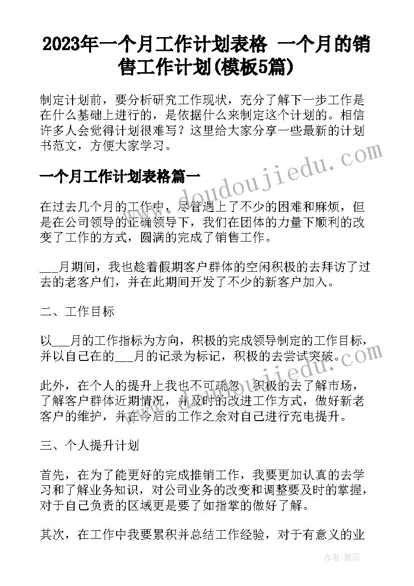 2023年一个月工作计划表格 一个月的销售工作计划(模板5篇)