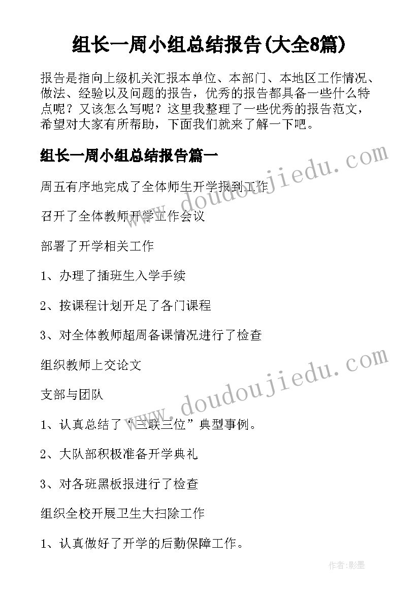 组长一周小组总结报告(大全8篇)