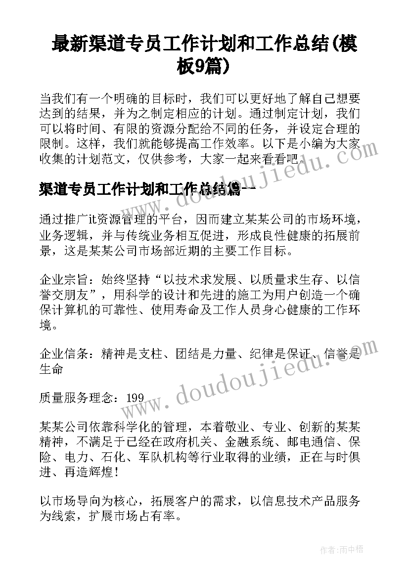 最新渠道专员工作计划和工作总结(模板9篇)