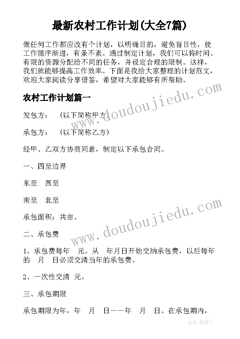 最新农村工作计划(大全7篇)