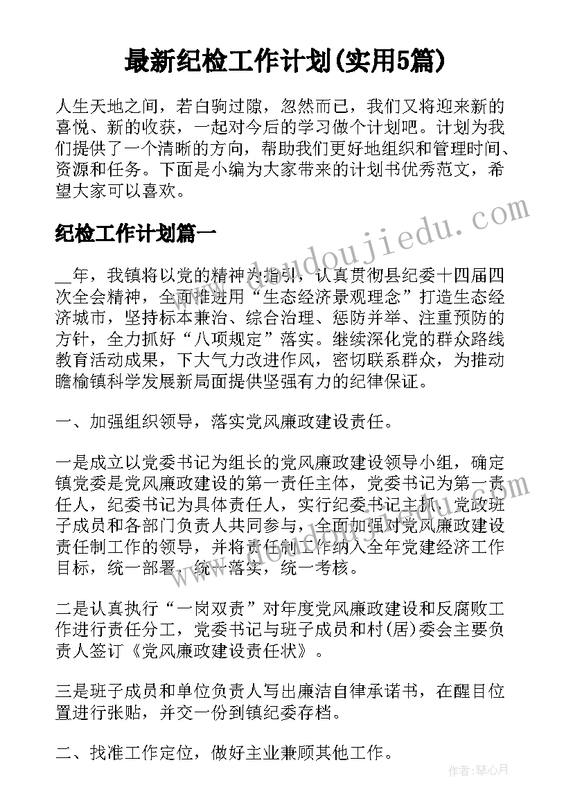 最新纪检工作计划(实用5篇)