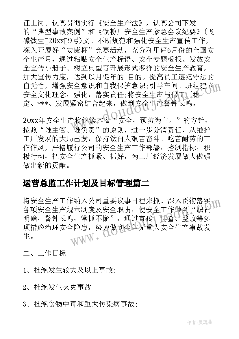 最新运营总监工作计划及目标管理 生产运营总监月度工作计划(大全5篇)