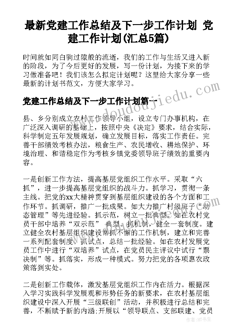 最新党建工作总结及下一步工作计划 党建工作计划(汇总5篇)