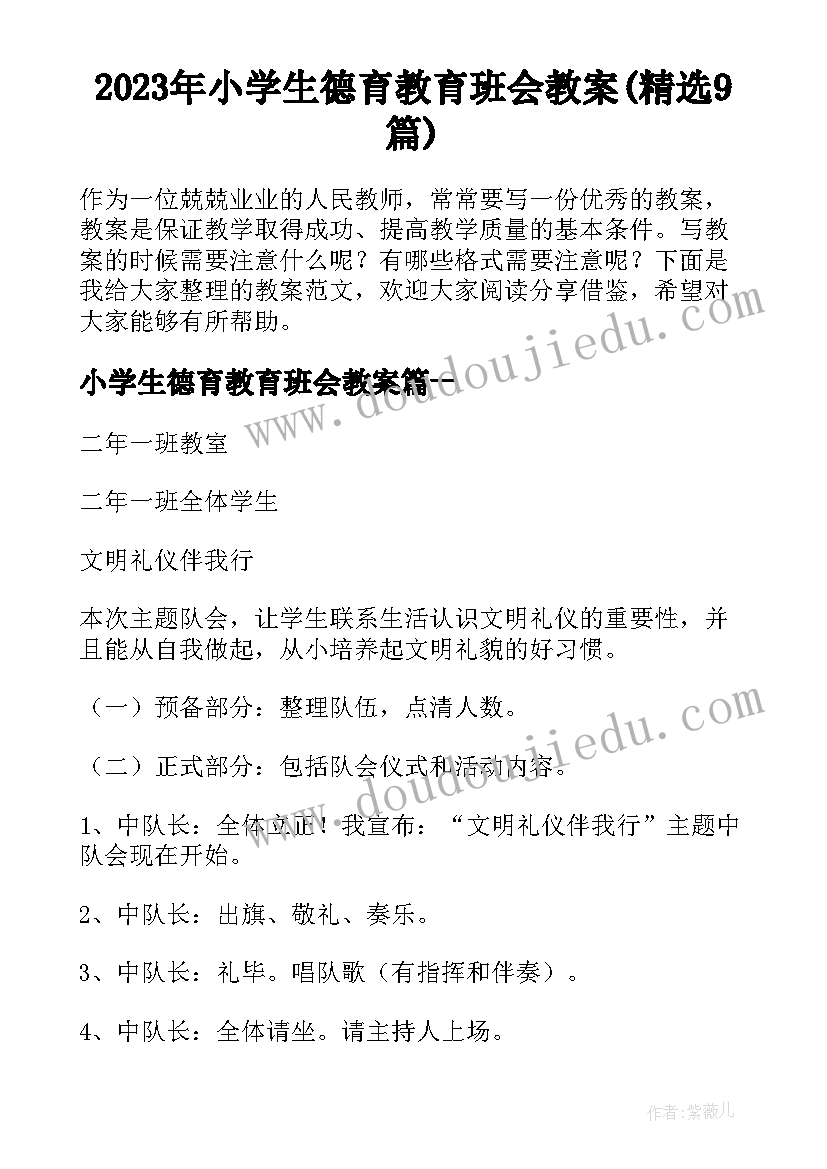 2023年小学生德育教育班会教案(精选9篇)