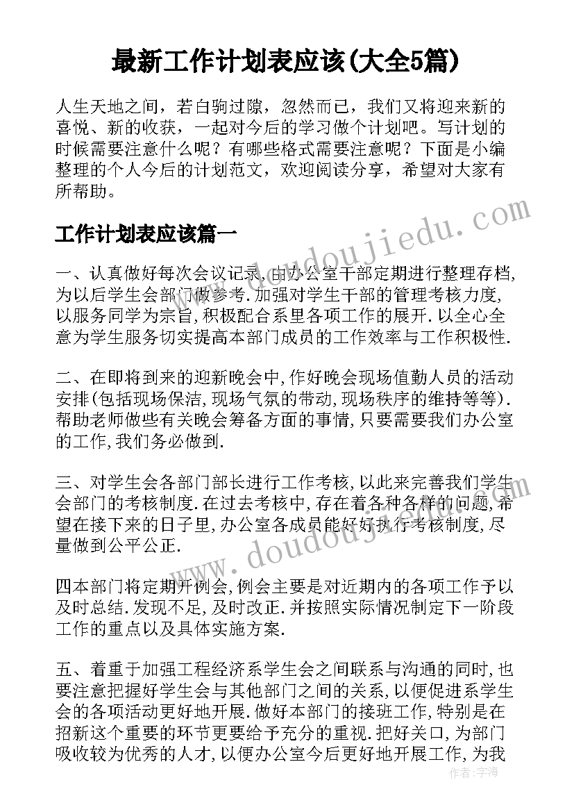 最新工作计划表应该(大全5篇)