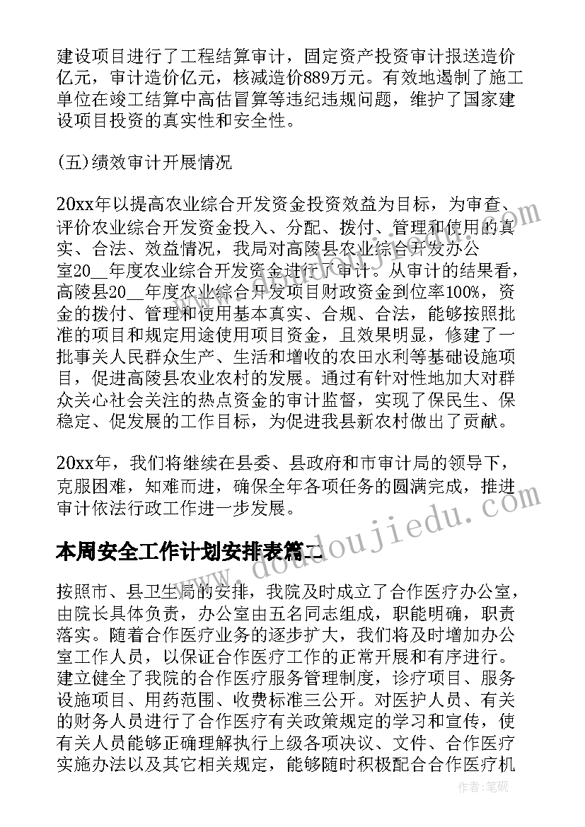 最新本周安全工作计划安排表 医院审计本周工作计划安排(通用5篇)