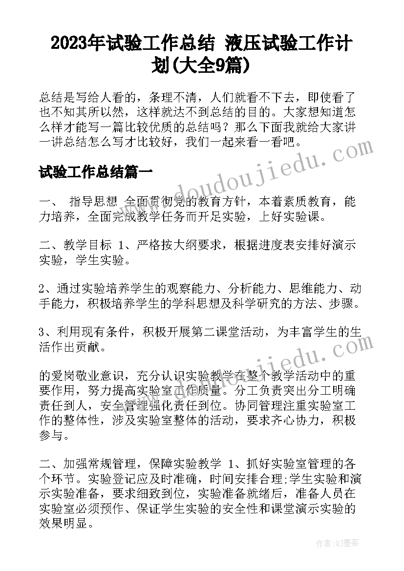 2023年试验工作总结 液压试验工作计划(大全9篇)