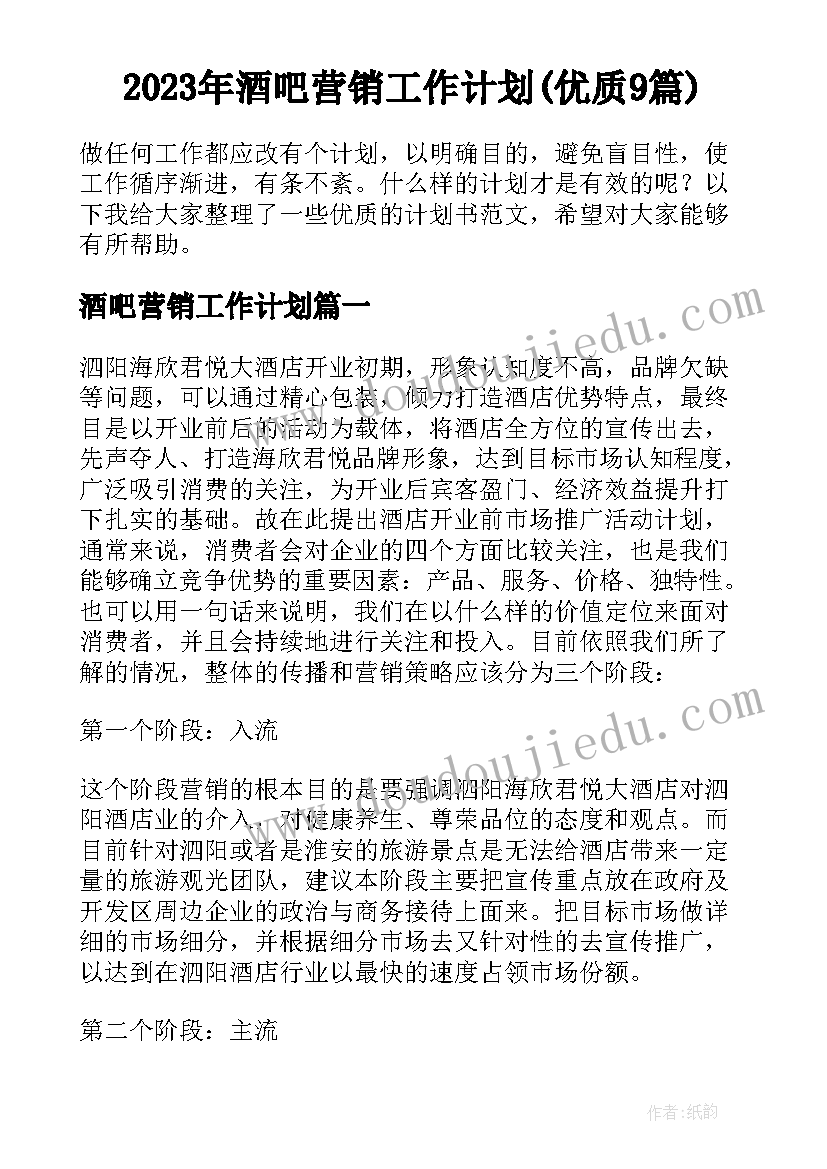 2023年酒吧营销工作计划(优质9篇)