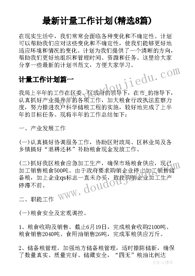 最新计量工作计划(精选8篇)