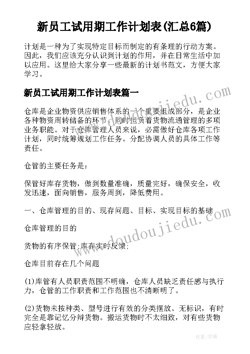 新员工试用期工作计划表(汇总6篇)