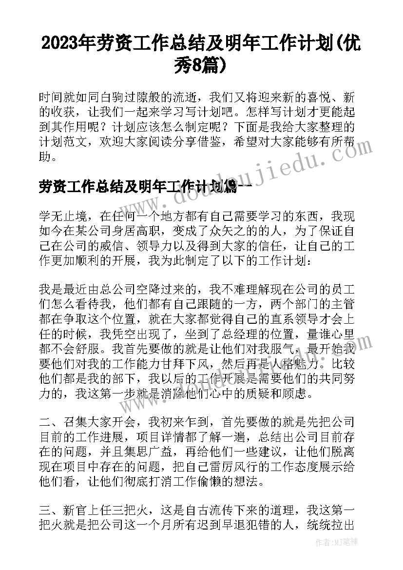 2023年劳资工作总结及明年工作计划(优秀8篇)