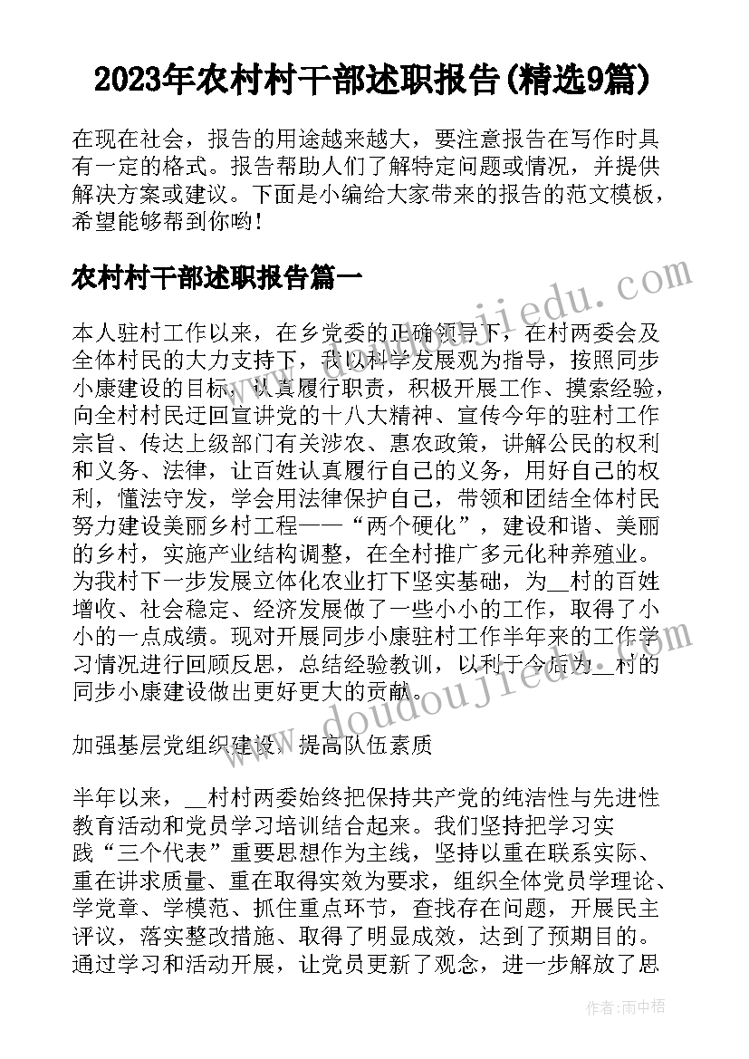 2023年农村村干部述职报告(精选9篇)