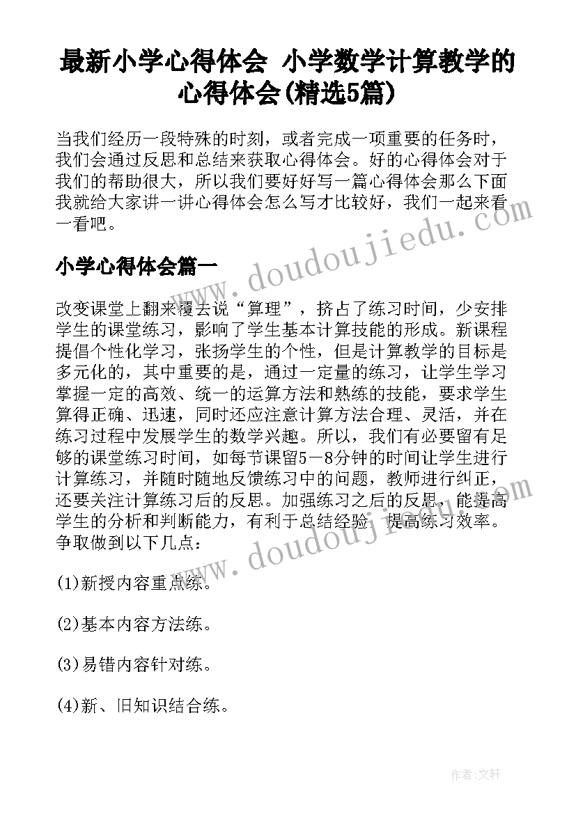 最新小学心得体会 小学数学计算教学的心得体会(精选5篇)