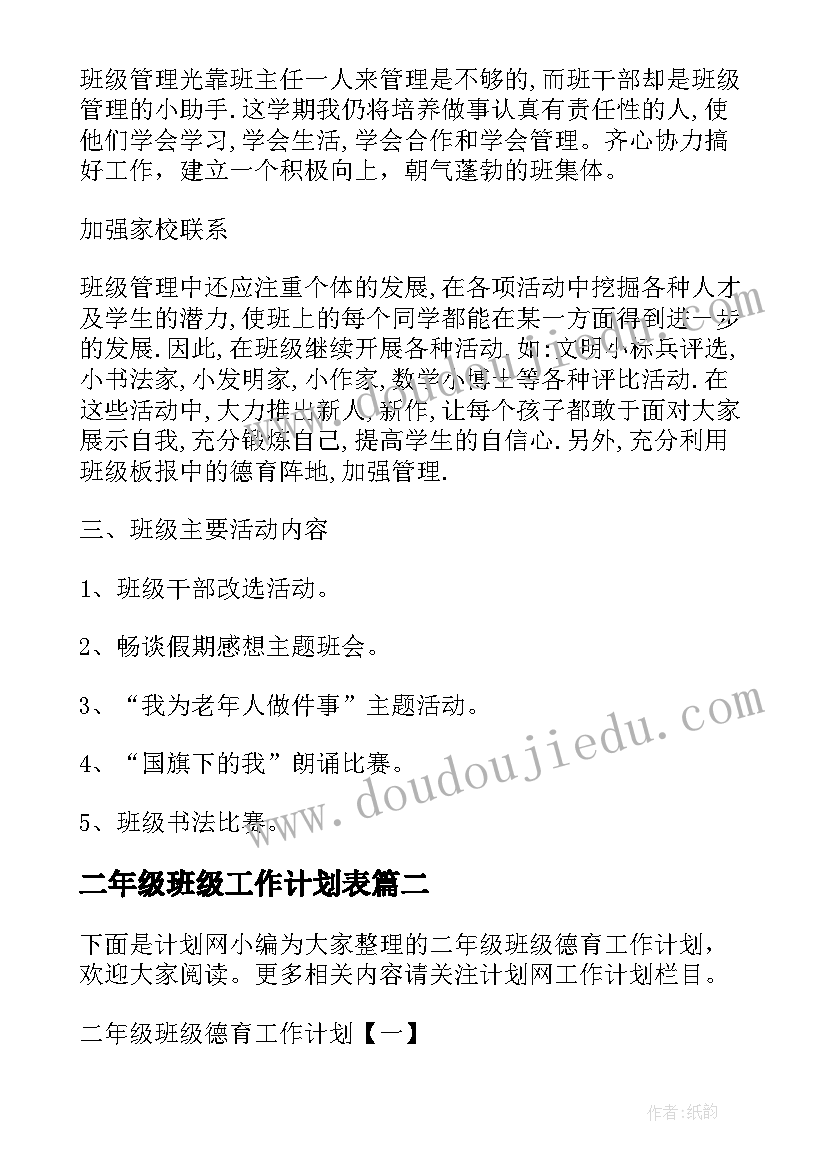 最新二年级班级工作计划表 二年级班级德育工作计划(汇总7篇)