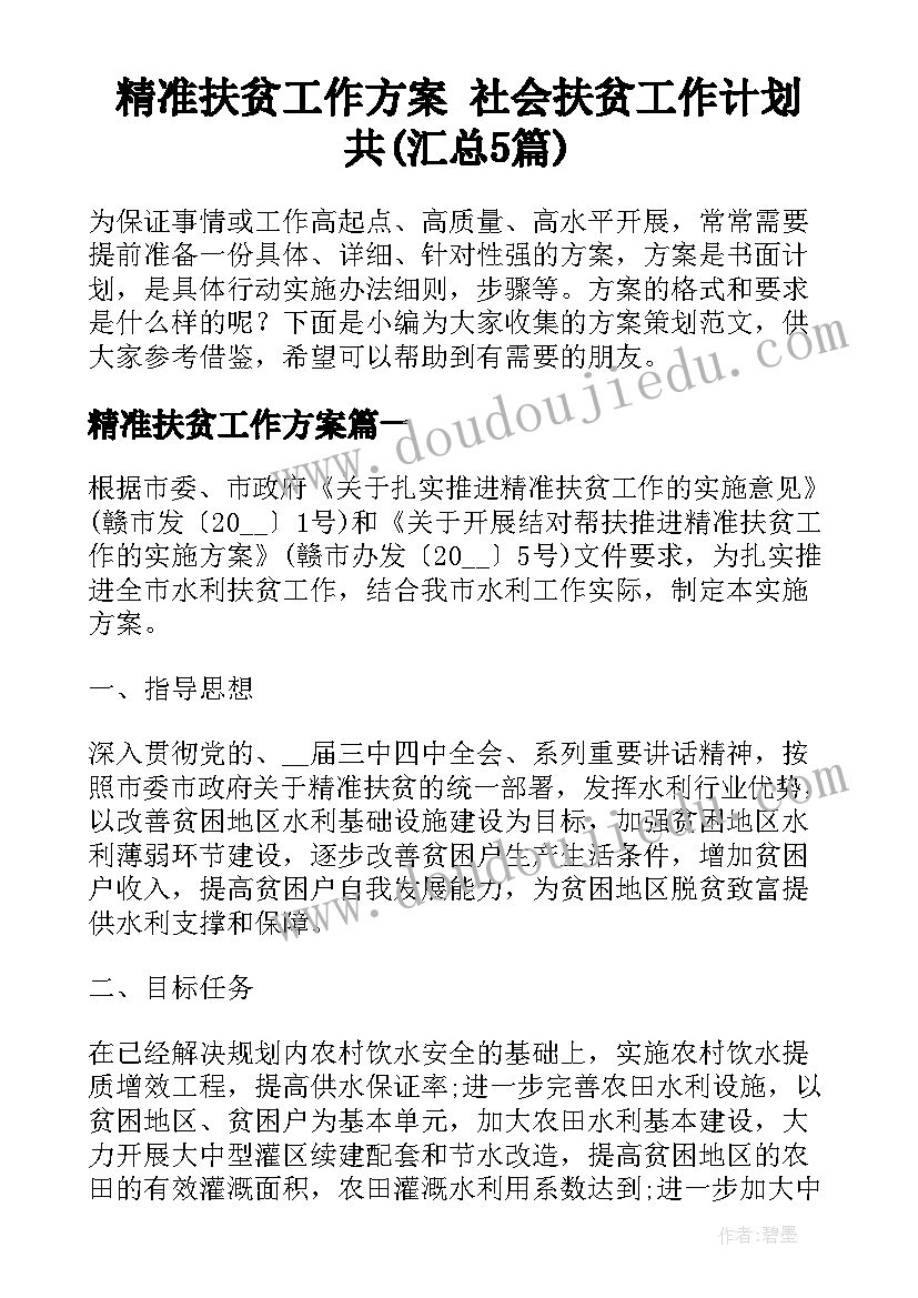 精准扶贫工作方案 社会扶贫工作计划共(汇总5篇)