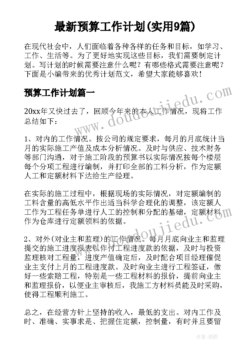 最新预算工作计划(实用9篇)