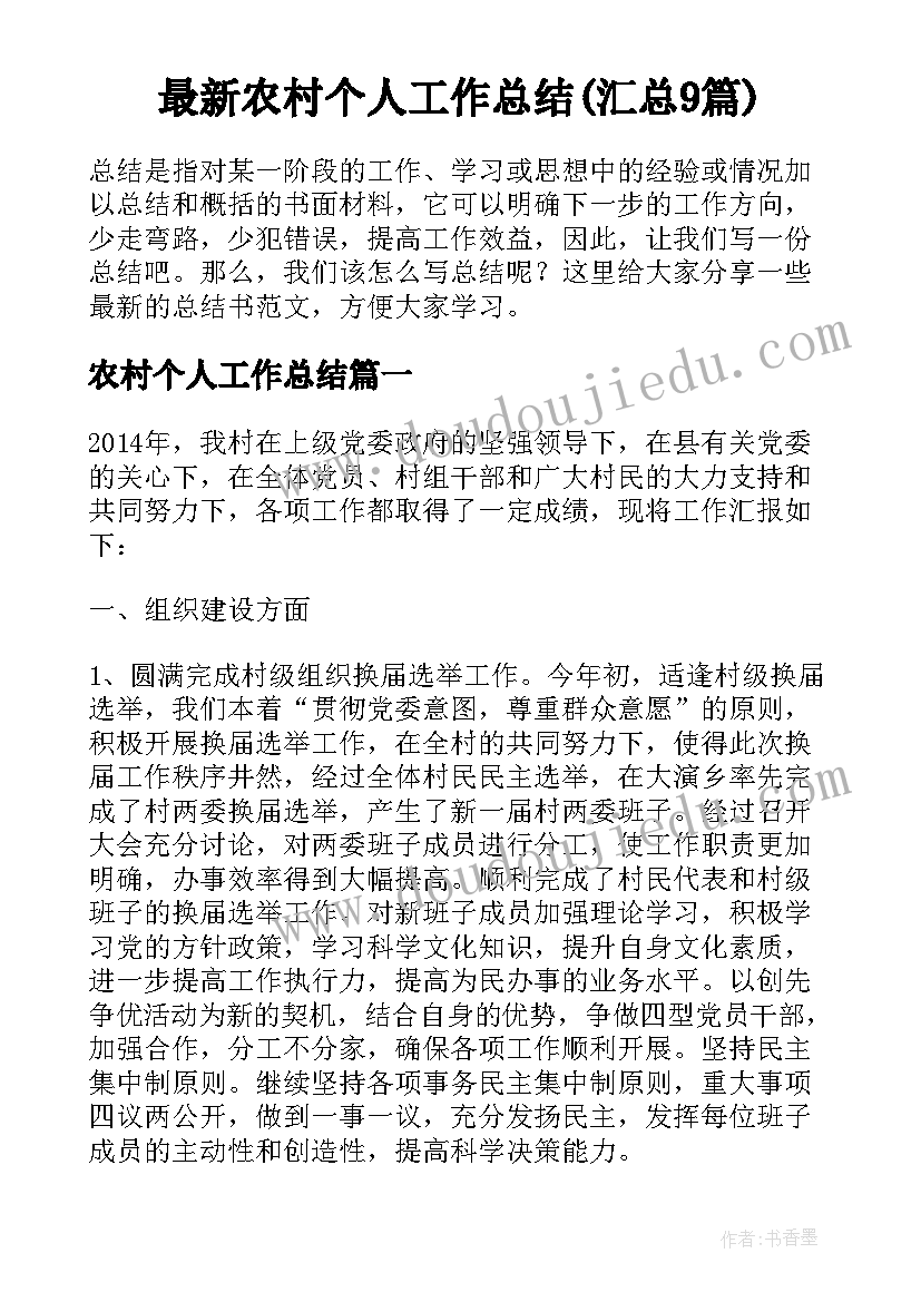 最新农村个人工作总结(汇总9篇)