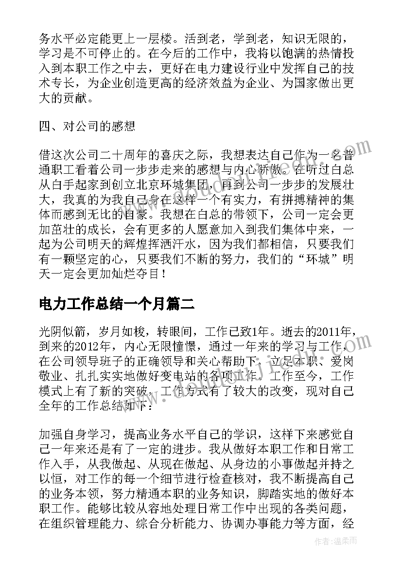 2023年电力工作总结一个月 电力技术工作总结(模板7篇)