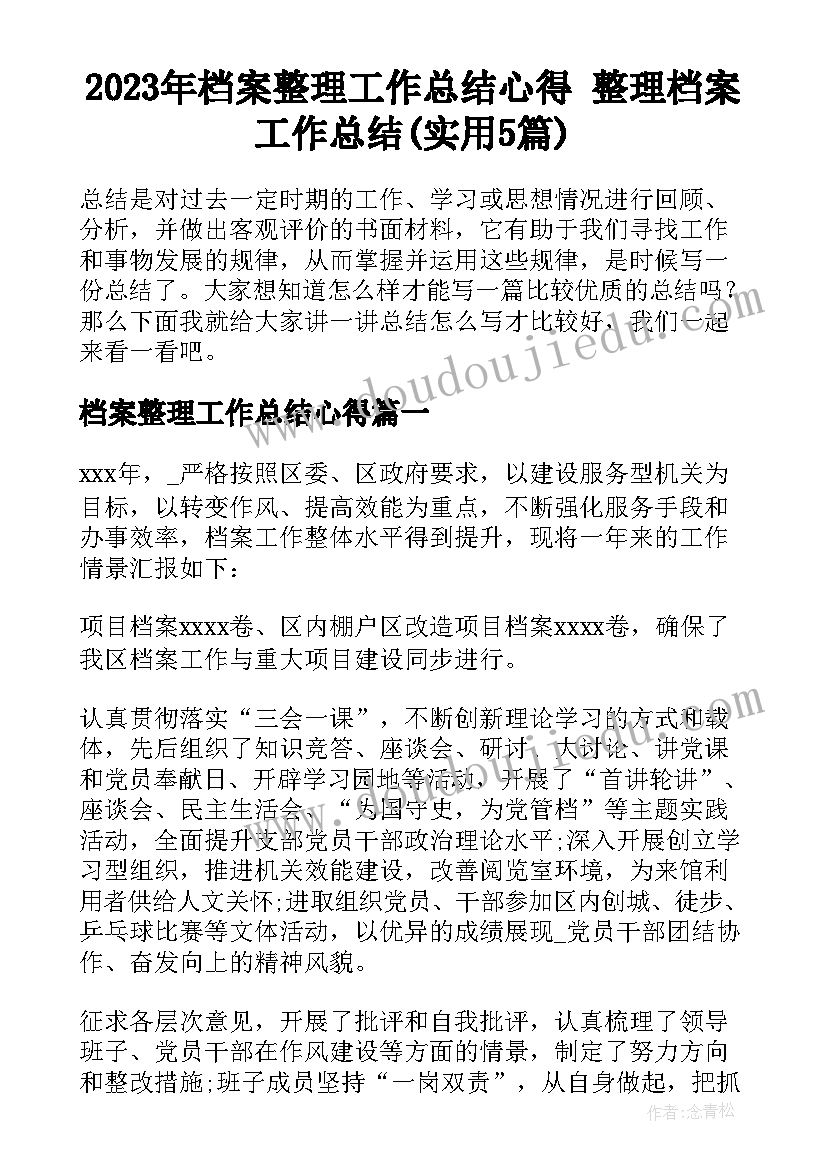 2023年档案整理工作总结心得 整理档案工作总结(实用5篇)