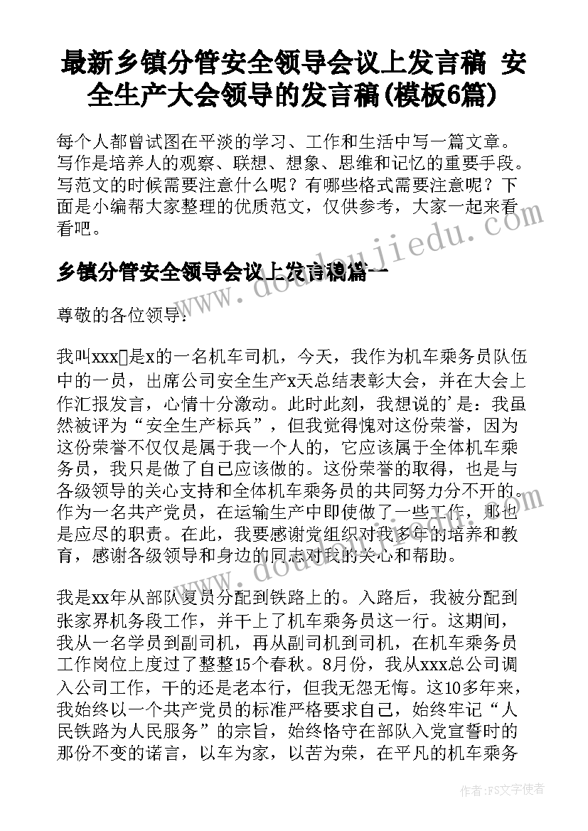 最新乡镇分管安全领导会议上发言稿 安全生产大会领导的发言稿(模板6篇)