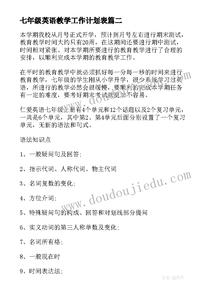 最新七年级英语教学工作计划表(模板5篇)