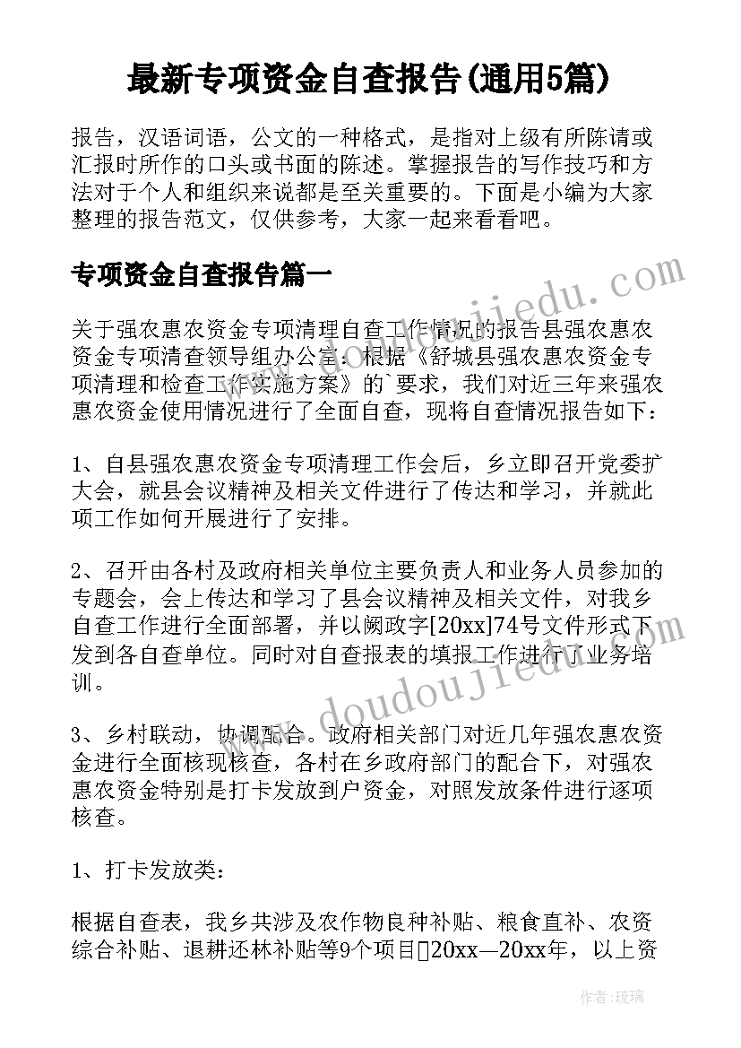 最新专项资金自查报告(通用5篇)