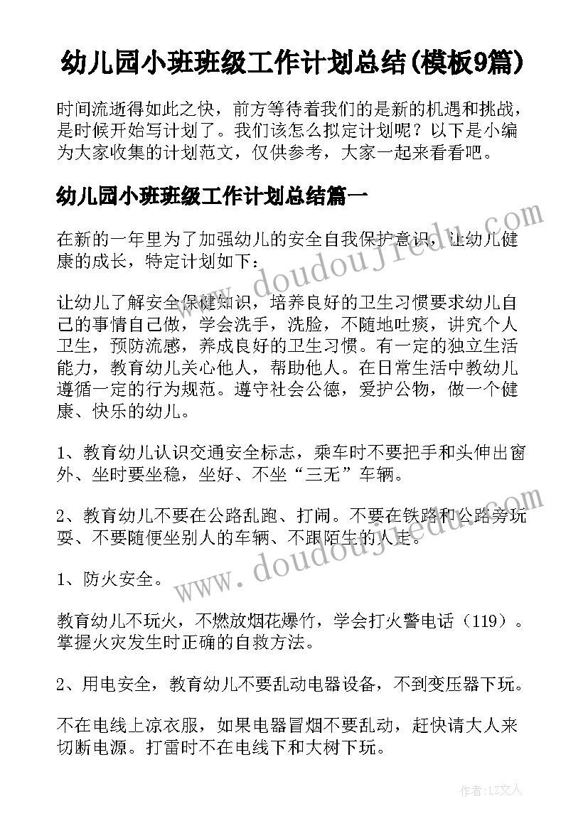 幼儿园小班班级工作计划总结(模板9篇)