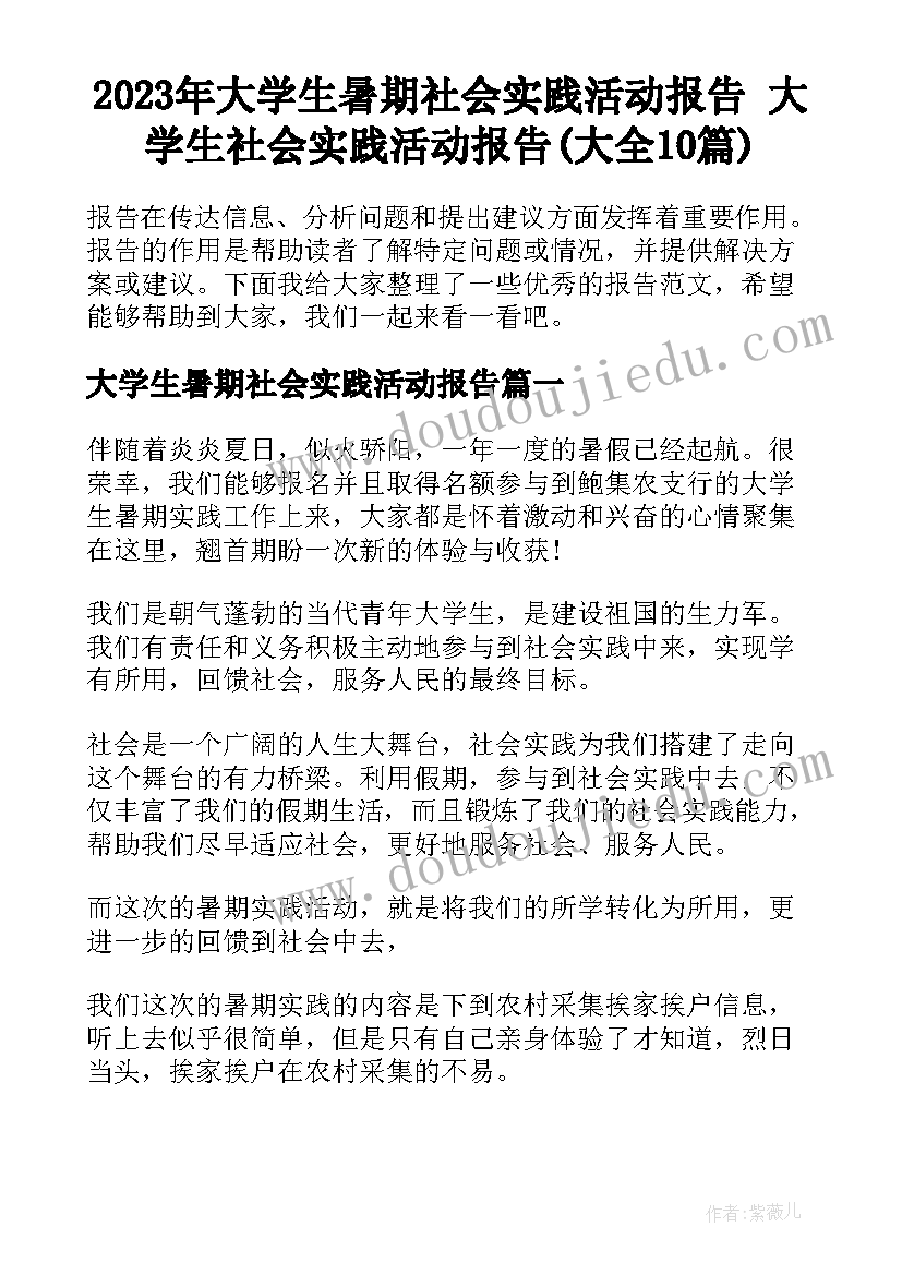 2023年大学生暑期社会实践活动报告 大学生社会实践活动报告(大全10篇)