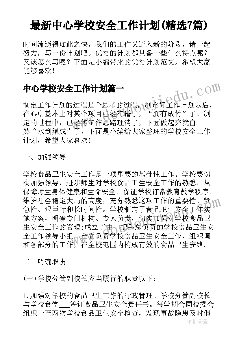 最新中心学校安全工作计划(精选7篇)