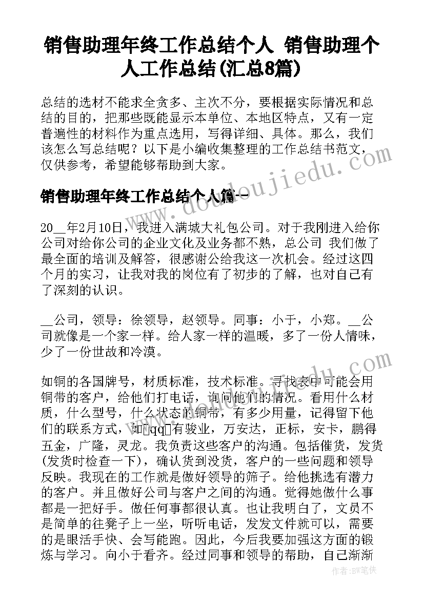 销售助理年终工作总结个人 销售助理个人工作总结(汇总8篇)