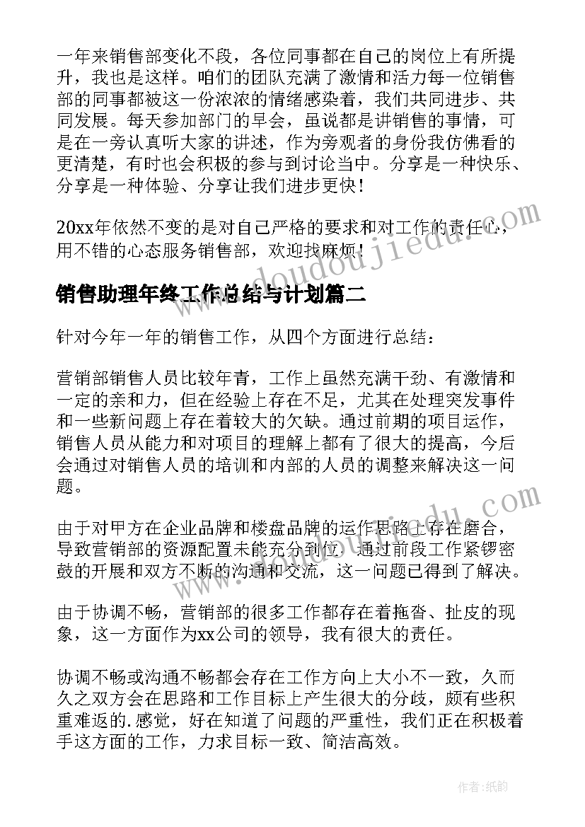 最新销售助理年终工作总结与计划 销售助理个人年终工作总结(通用6篇)