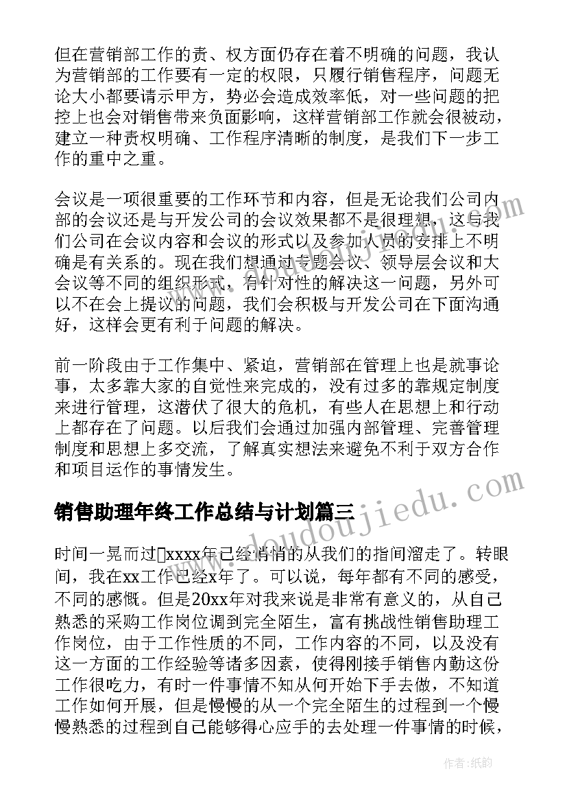 最新销售助理年终工作总结与计划 销售助理个人年终工作总结(通用6篇)