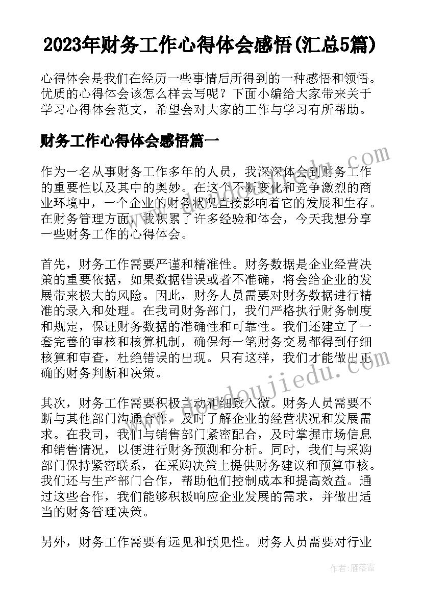 2023年财务工作心得体会感悟(汇总5篇)