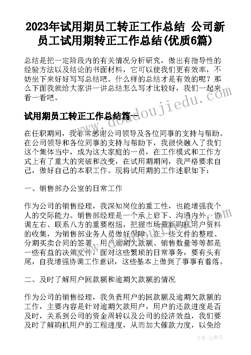 2023年试用期员工转正工作总结 公司新员工试用期转正工作总结(优质6篇)