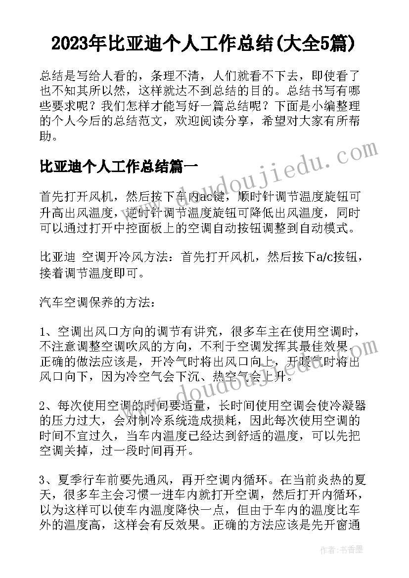 2023年比亚迪个人工作总结(大全5篇)