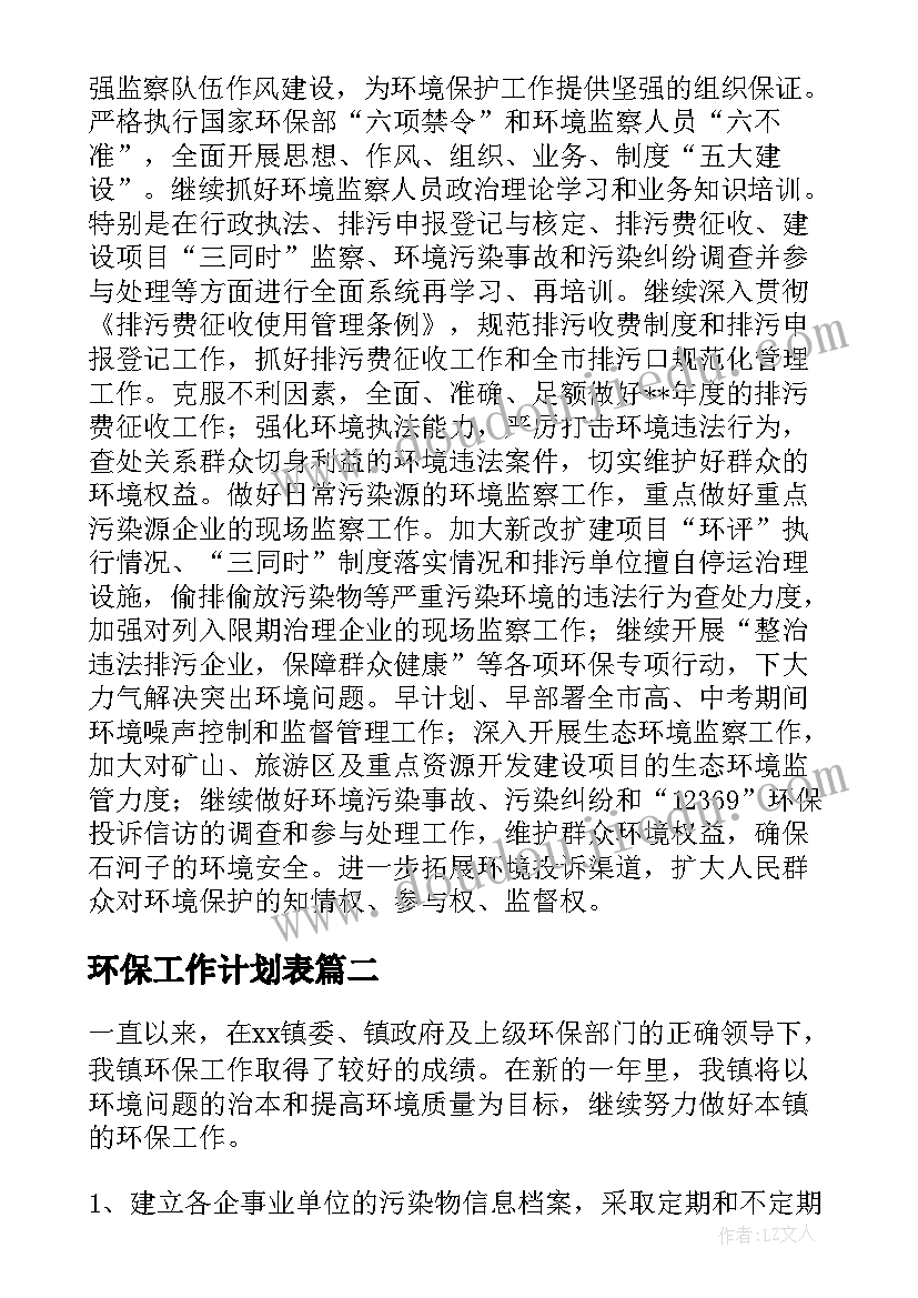 2023年环保工作计划表(实用5篇)