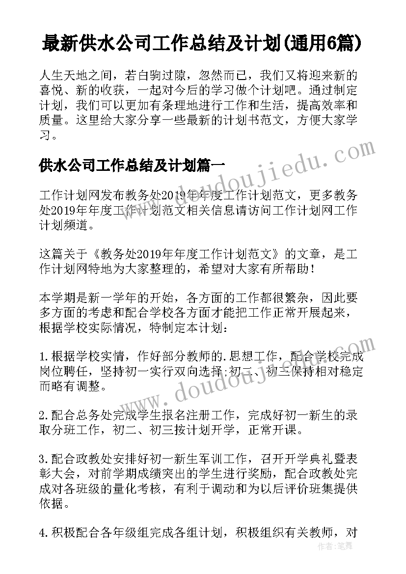 最新供水公司工作总结及计划(通用6篇)