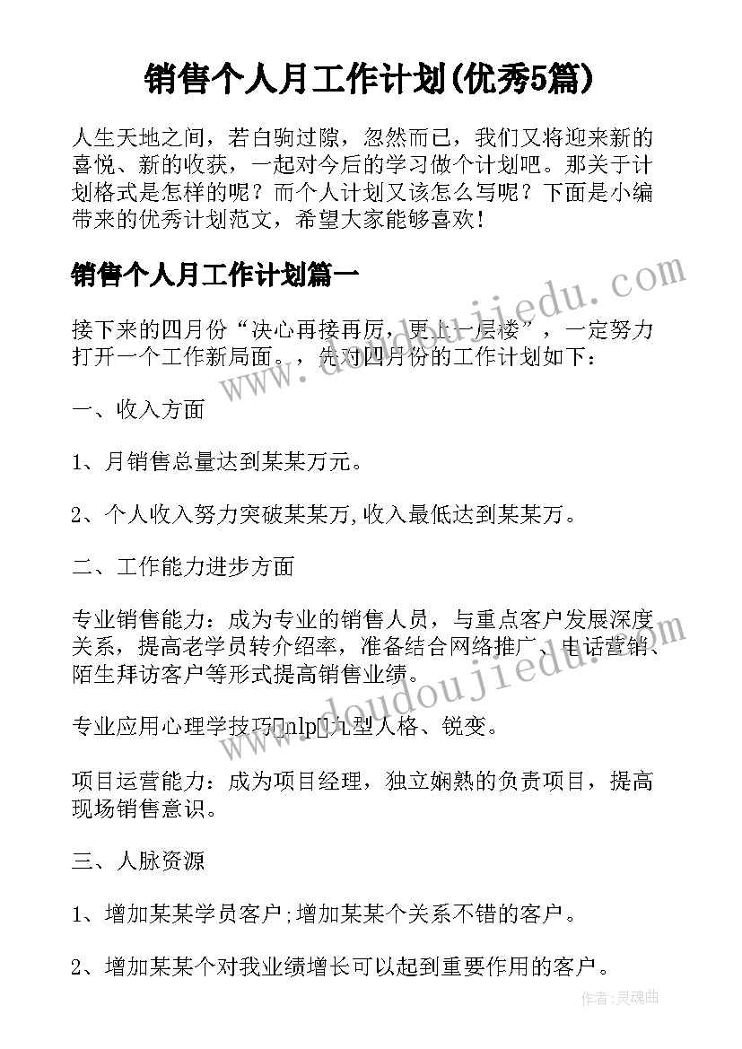 销售个人月工作计划(优秀5篇)