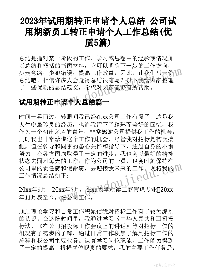 2023年试用期转正申请个人总结 公司试用期新员工转正申请个人工作总结(优质5篇)