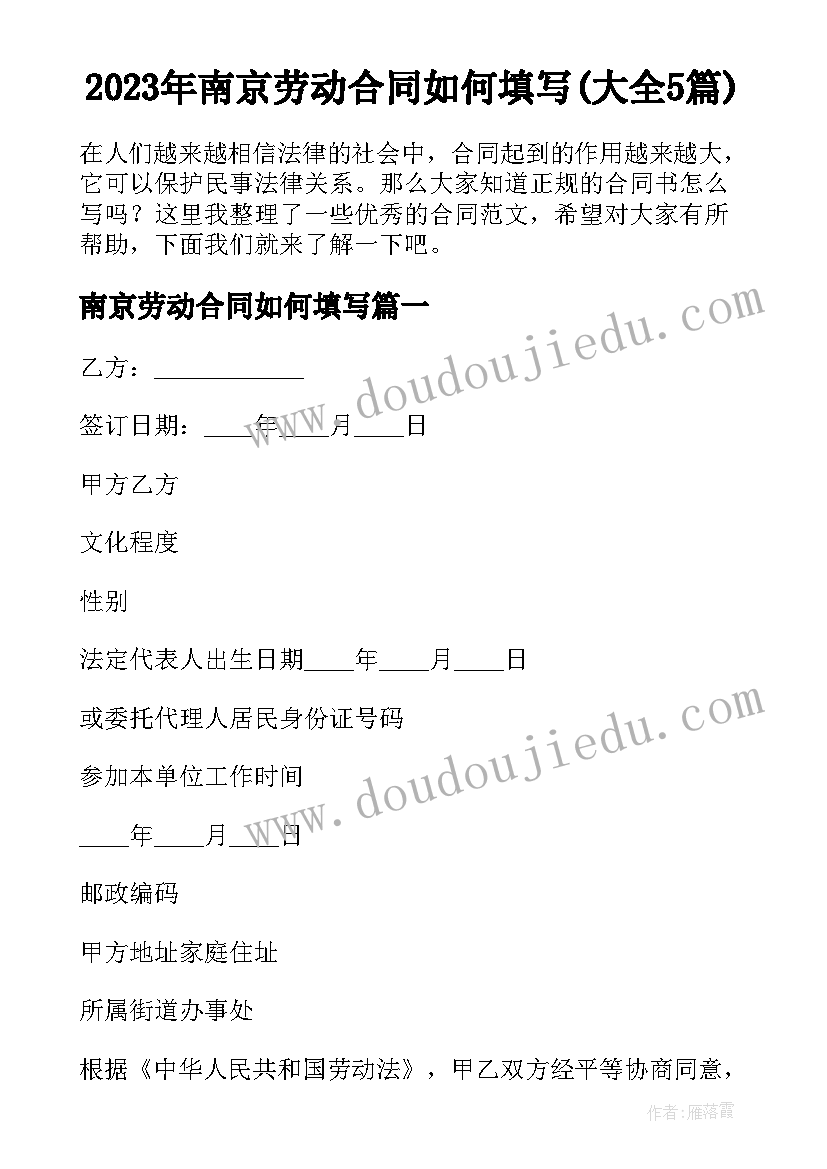 2023年南京劳动合同如何填写(大全5篇)