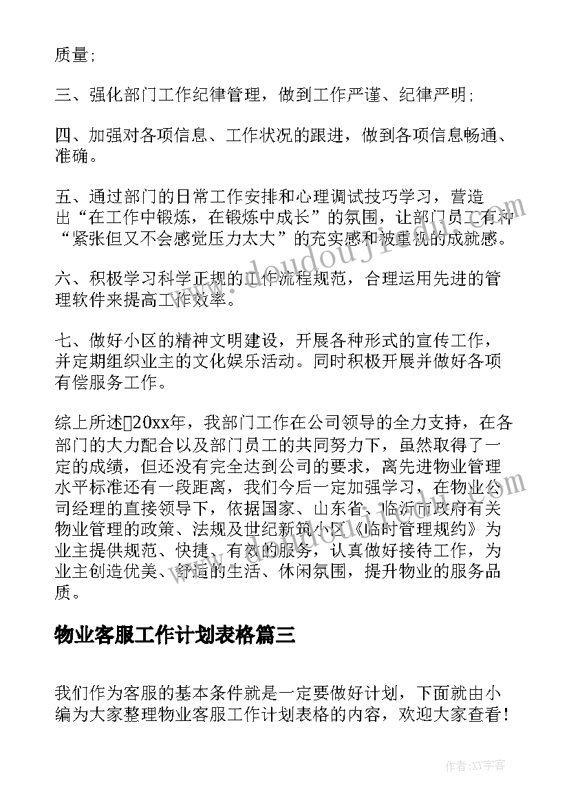 最新物业客服工作计划表格 物业客服年度个人工作计划表(大全5篇)